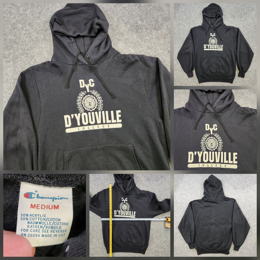 VTG Champion D'Youville College Hoodie Sweatshirt Mens Medium Black Pullover USA